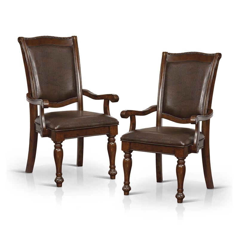 Furniture of America Alstroemeria Wood Arm Chair in Brown Cherry (Set of 2)