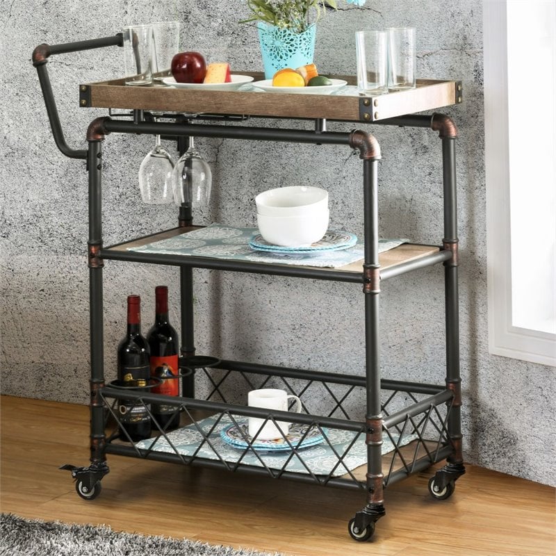 Furniture of America Sulema Industrial Metal 3-Tier Bar Cart in Sand Black
