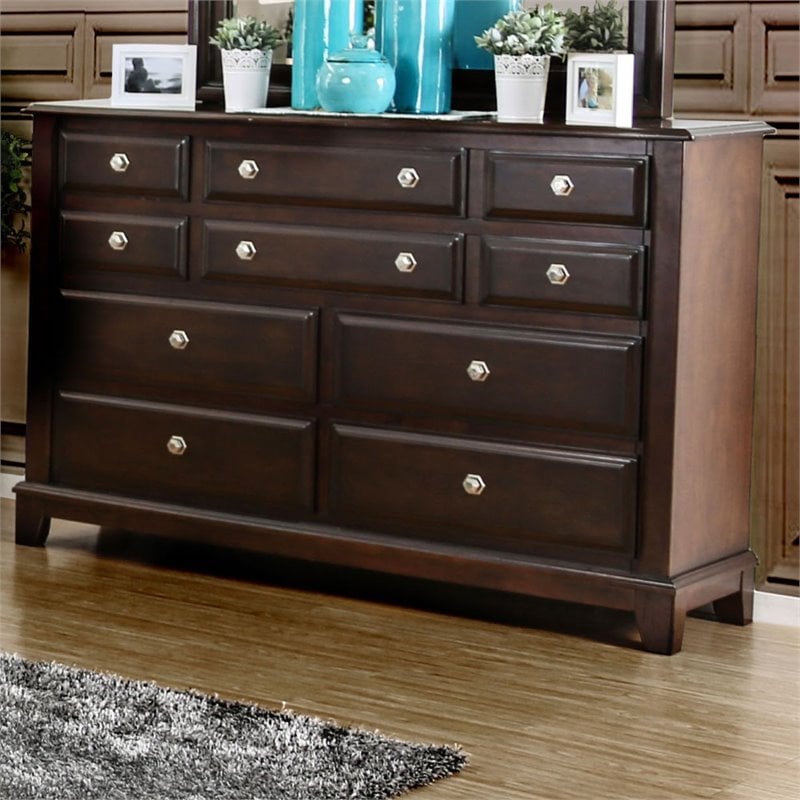 Furniture of America Glinda Solid Wood 10Drawer Dresser in Brown