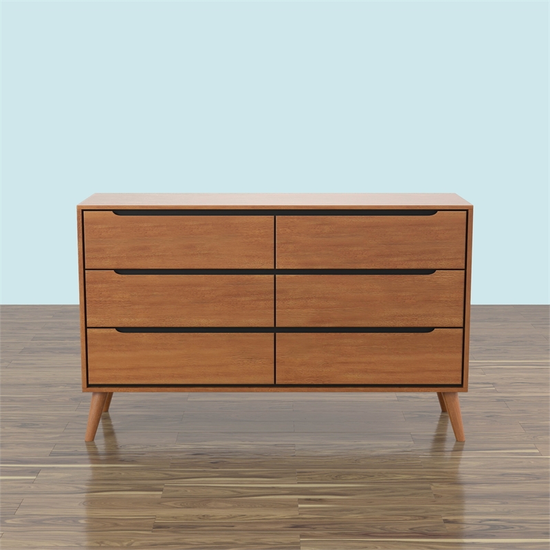 Furniture of America Belkor Mid-Century Modern Wood 6-Drawer Dresser in Oak