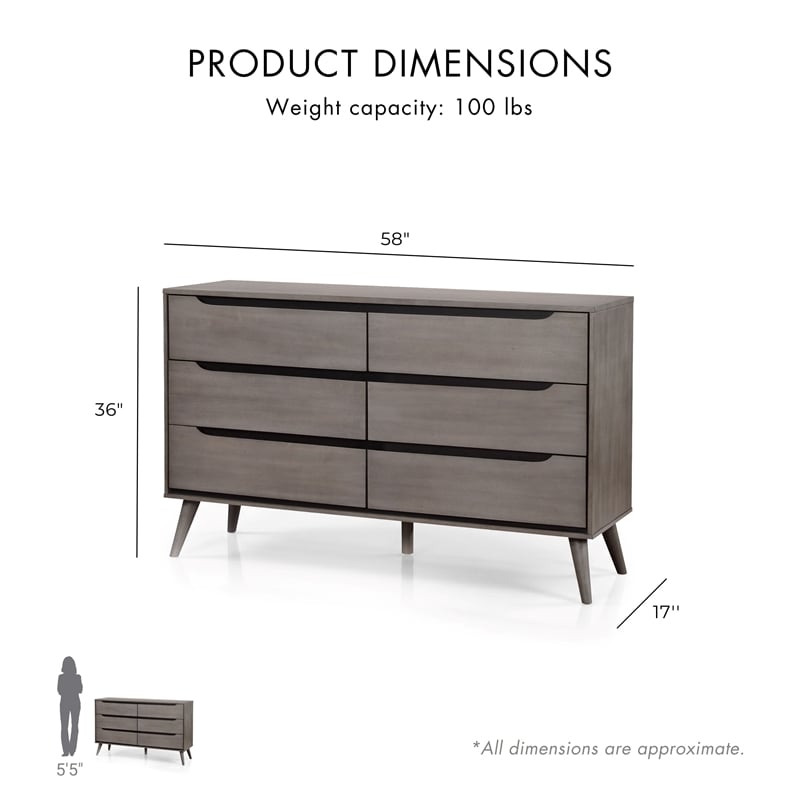 Furniture of America Belkor Mid-Century Modern Wood 6-Drawer Dresser in Gray