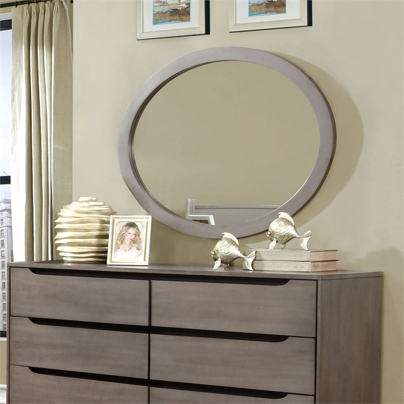Furniture of America Belkor Mid-Century Modern Wood Oval Shape Mirror in Gray