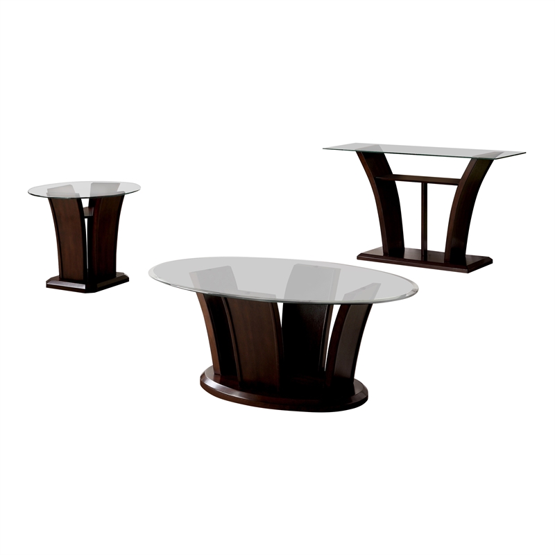 Furniture of America Lantler Glass Top 3-Piece Coffee Table Set in Dark Cherry