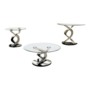furniture of america crook glass top 3-piece coffee table set in silver