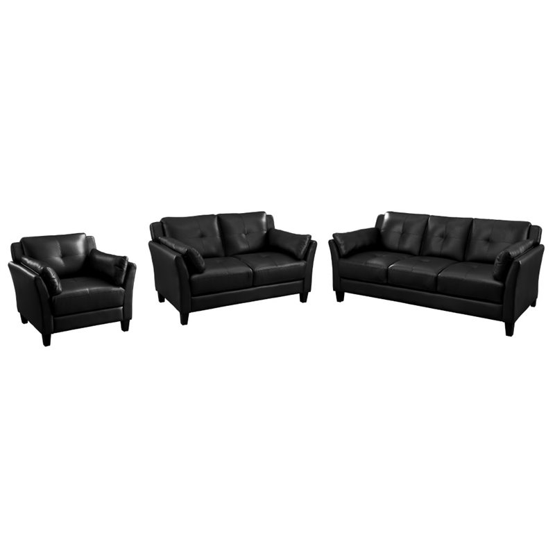 Faux Leather Sofa Set In Black, Black Contemporary Leather Sofa Set