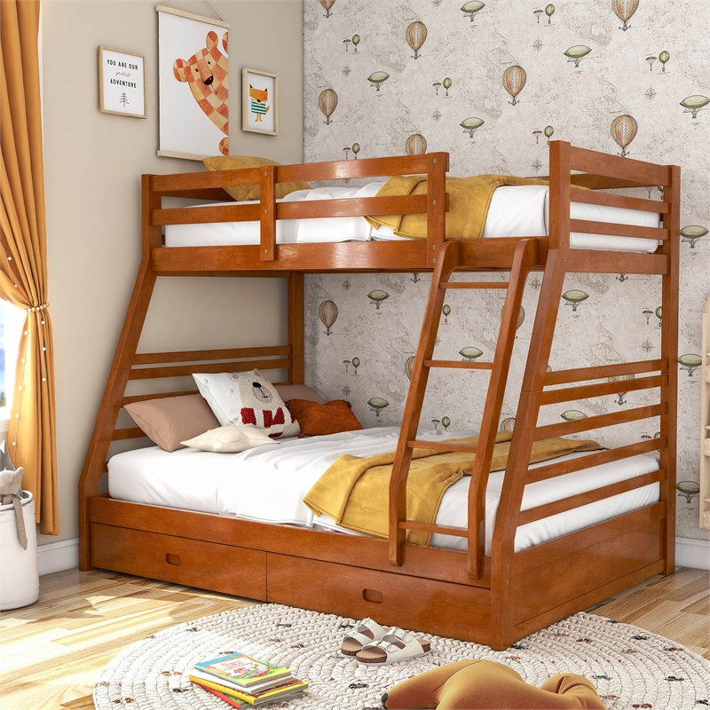 Furniture of America Tomi Wood Twin over Full Storage Bunk Bed in Oak