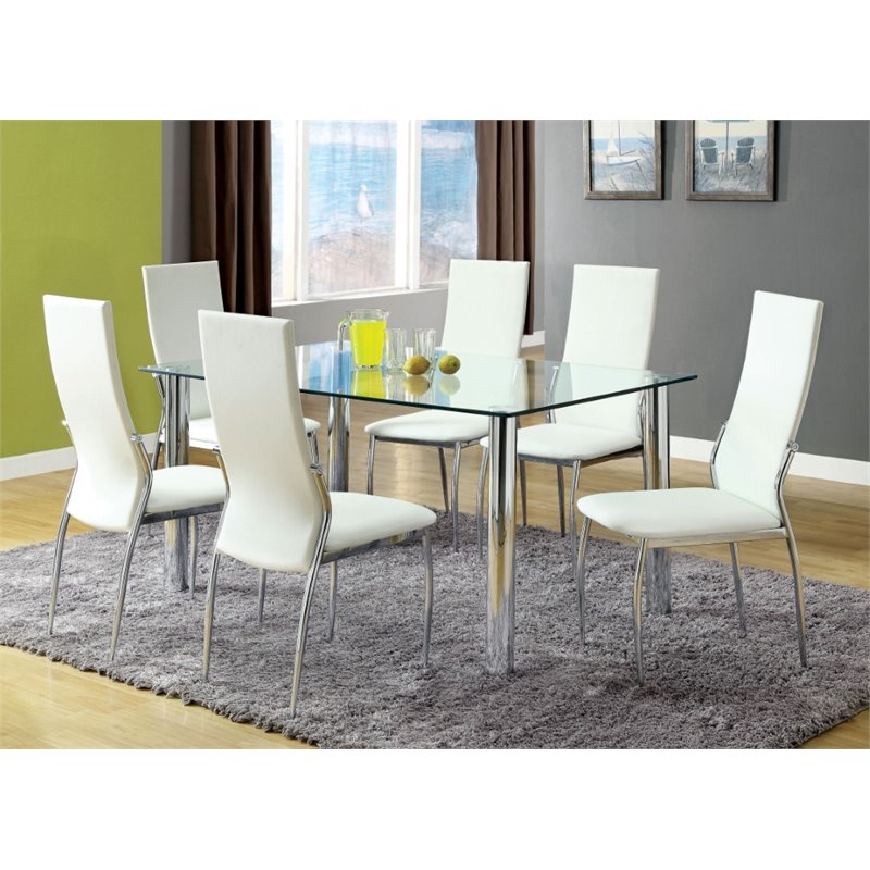 ADHW 7 Piece Dining Table Set 6 Chairs Glass Metal Kitchen Room Furniture White 