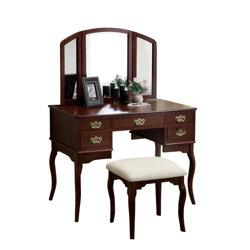 Furniture Of America Coriander 3 Sided Mirror Vanity Set In Cherry