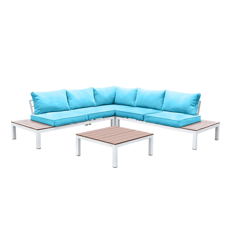 Furniture of America Chentelli Aluminum Patio Sectional with Ottoman in Blue