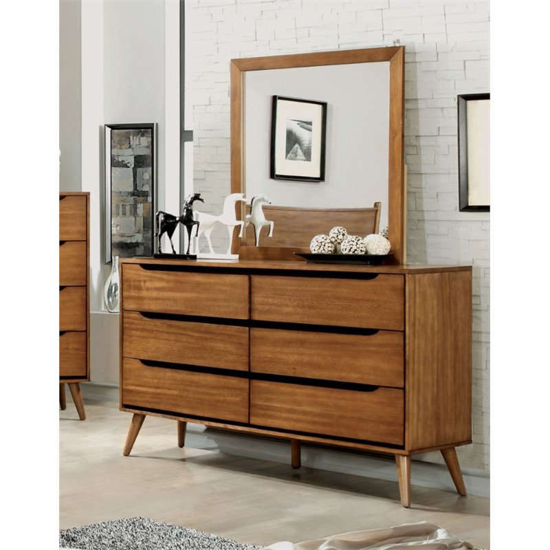 Furniture of America Belkor Solid Wood 6-Drawer Dresser and Mirror Set in Oak