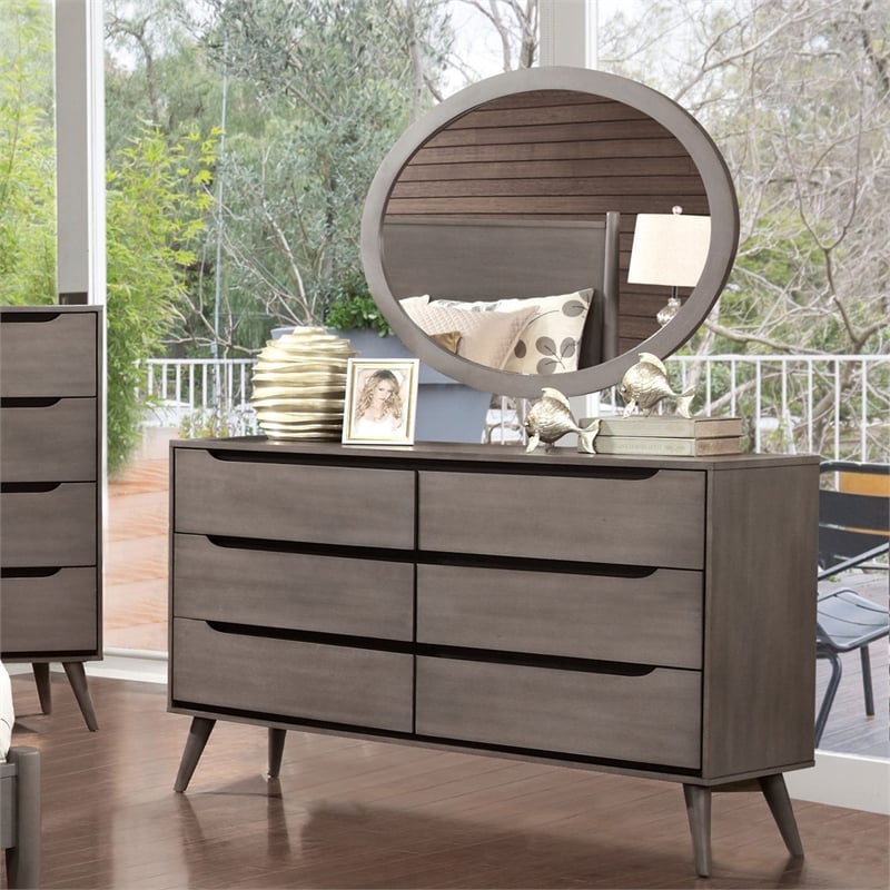 Furniture of America Belkor Wood 6-Drawer Dresser with Oval Mirror in Gray