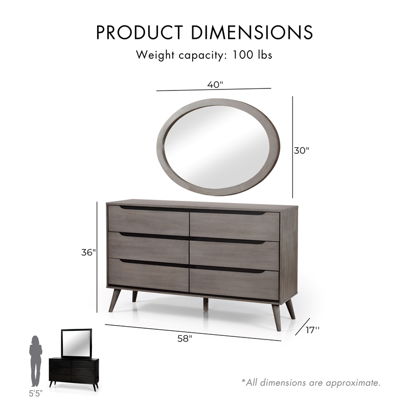 Furniture of America Belkor Wood 6-Drawer Dresser with Oval Mirror in Gray