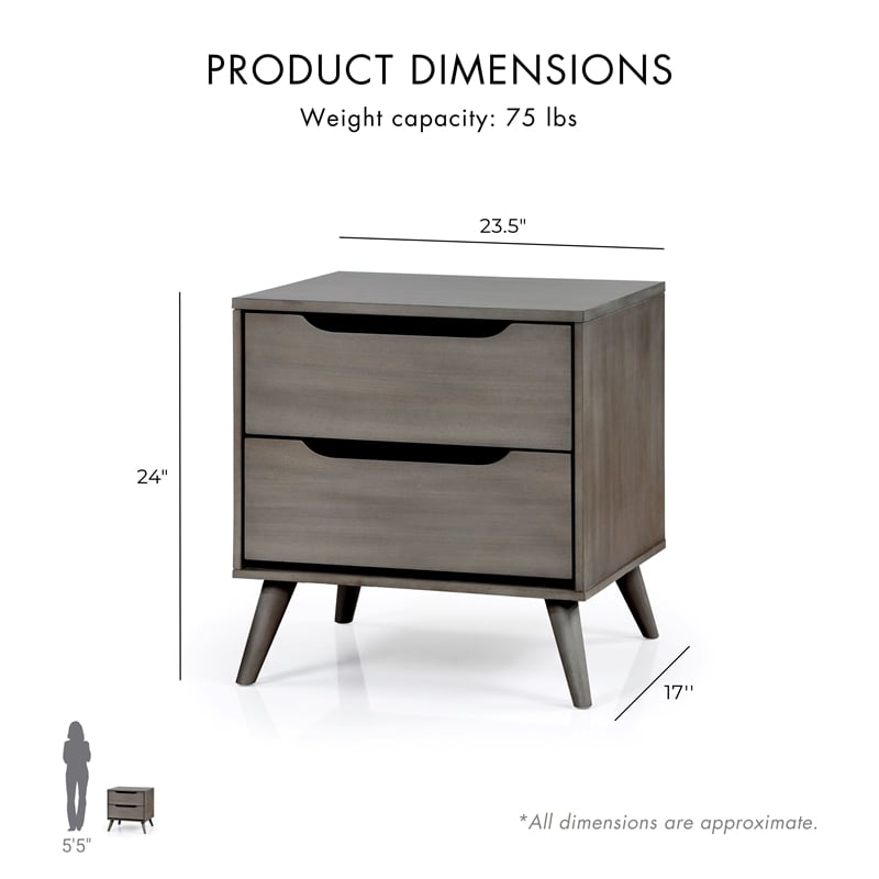Furniture of America Belkor Mid-Century Modern Wood 2-Drawer Nightstand in Gray