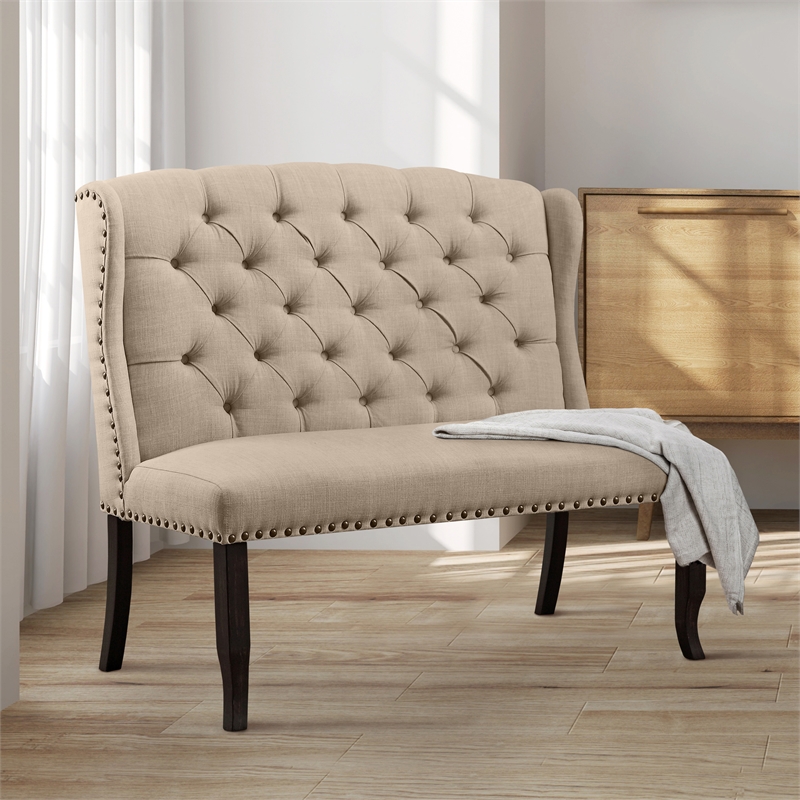 Furniture of America Sinuata Fabric Tufted 2-Seater Loveseat Bench in Beige