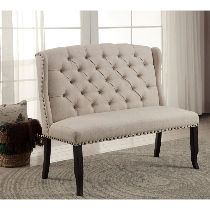 Furniture of America Sinuata Fabric Tufted 2-Seater Loveseat Bench in Beige