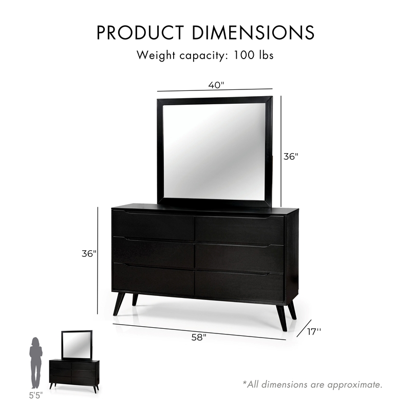 Furniture of America Belkor Solid Wood 6-Drawer Dresser and Mirror Set in Black