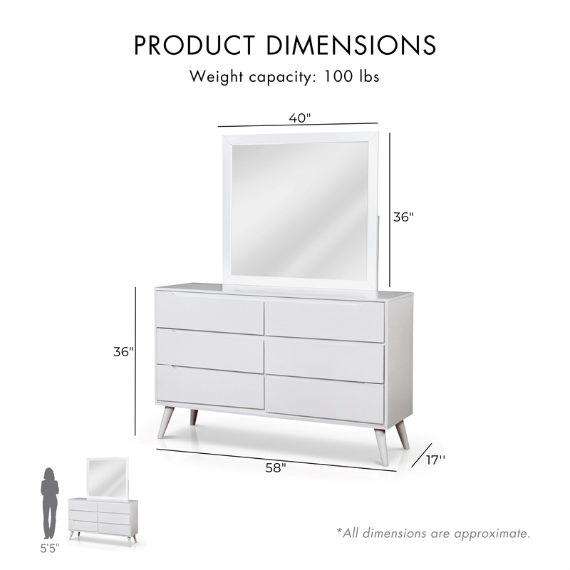 Furniture of America Belkor Solid Wood 6-Drawer Dresser and Mirror Set in White