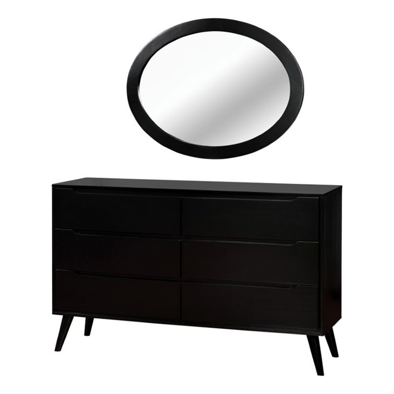 Furniture of America Belkor Wood 6-Drawer Dresser with Oval Mirror in Black