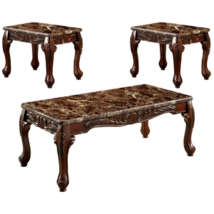 furniture of america burseel 3 piece traditional faux marble top coffee table set in dark oak