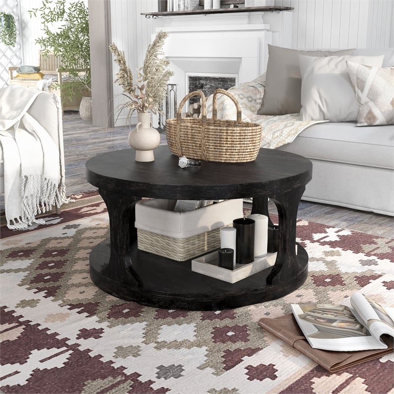 Furniture of America Arturo Solid Wood Open Shelf Coffee Table in Antique Black