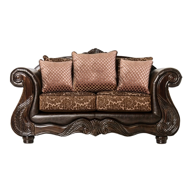 Furniture of America Eduard Traditional Faux Leather Cushioned Loveseat in Brown