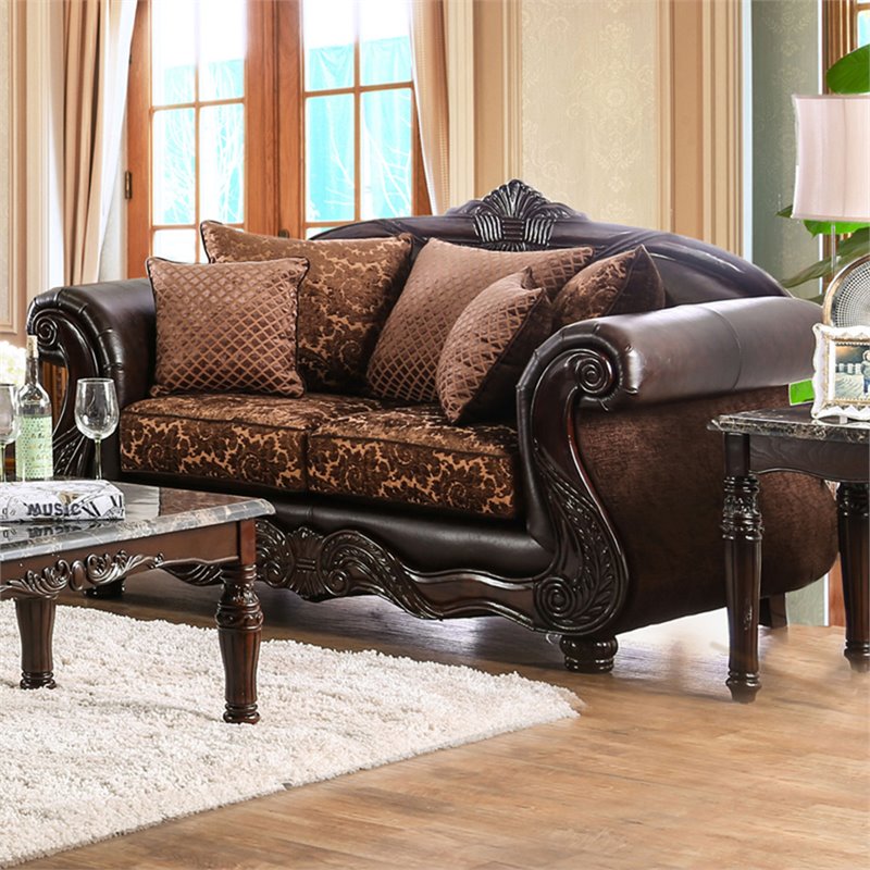 Furniture of America Eduard Traditional Faux Leather Cushioned Loveseat in Brown
