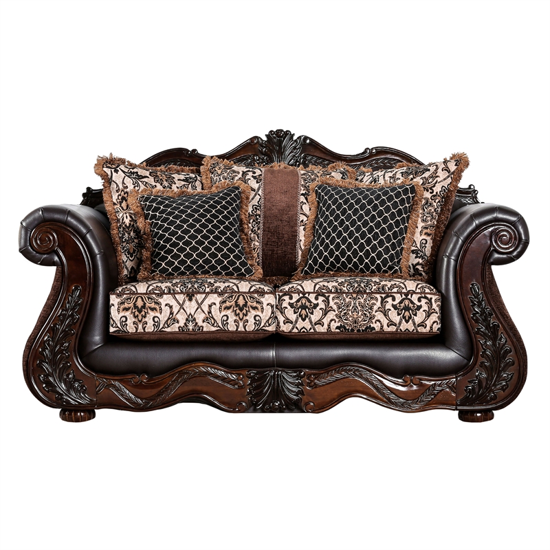 Furniture of America Conall Traditional Faux Leather Cushioned Loveseat in Brown