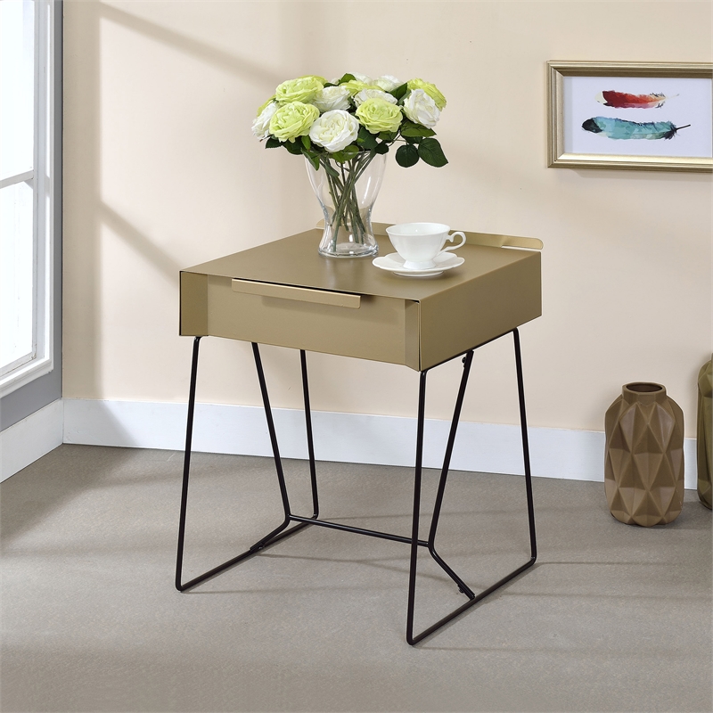 Furniture of America Eva Contemporary Metal 1-Drawer End Table in Gold Champagne