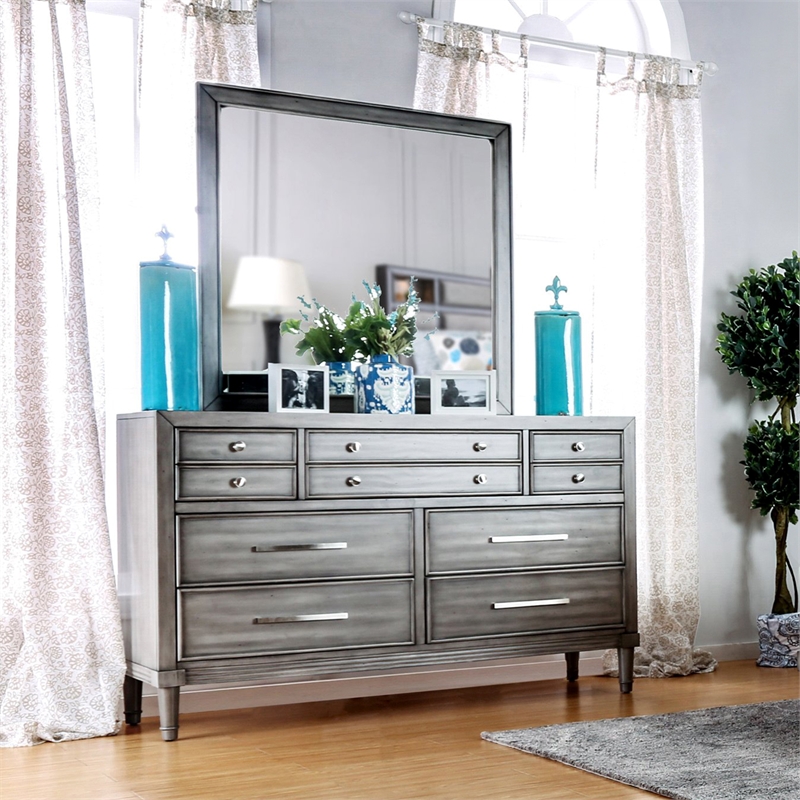 Furniture of America Cartagena 2-Piece Wood Dresser and Mirror in Gray