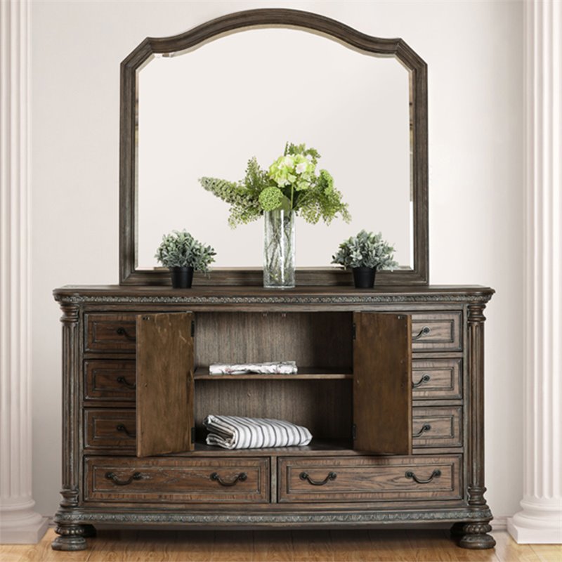 Furniture of America Leo Wood 2-Piece Dresser and Mirror in Rustic Natural Tone