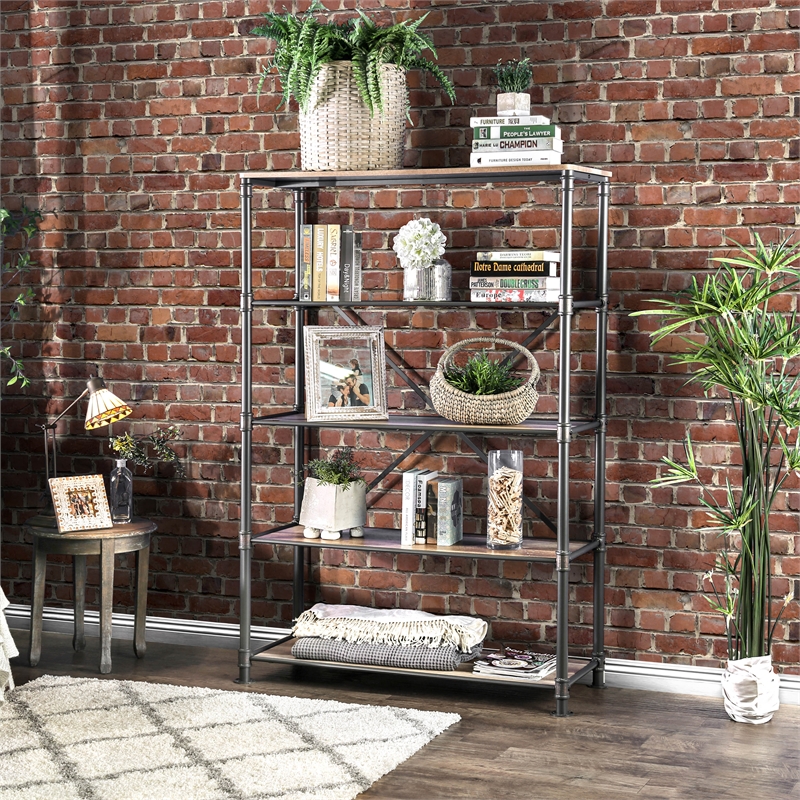 Furniture of America Gee Industrial Metal 4-Shelf Bookcase in Antique Black