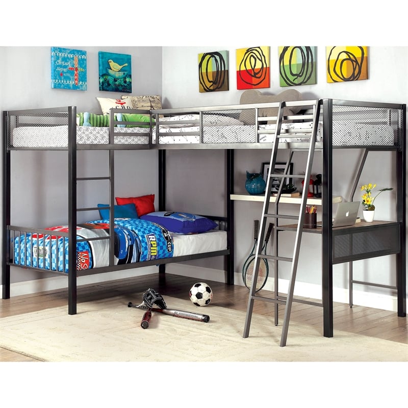 Furniture of America Dax Metal Triple Twin Bunk Bed in Gray and Silver