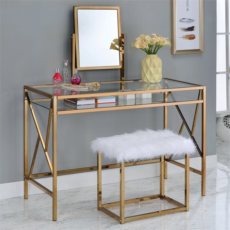 Furniture of America Ian Metal 3-Piece Bedroom Vanity Set in Champagne Gold