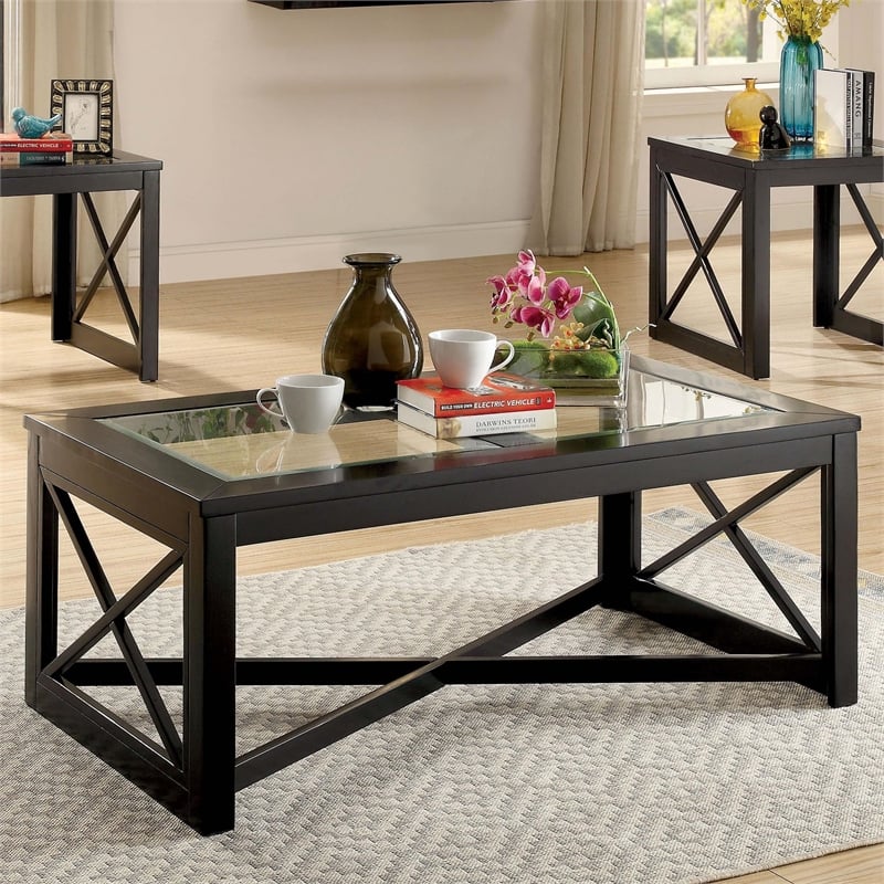 Furniture of America Pyxel Contemporary Glass Top Coffee Table in Black