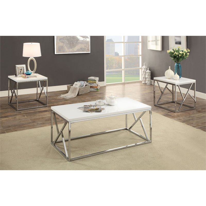 Furniture Of America Matilda 3 Piece Wood Coffee Table Set In White And Chrome Idf 4811wh 3pk