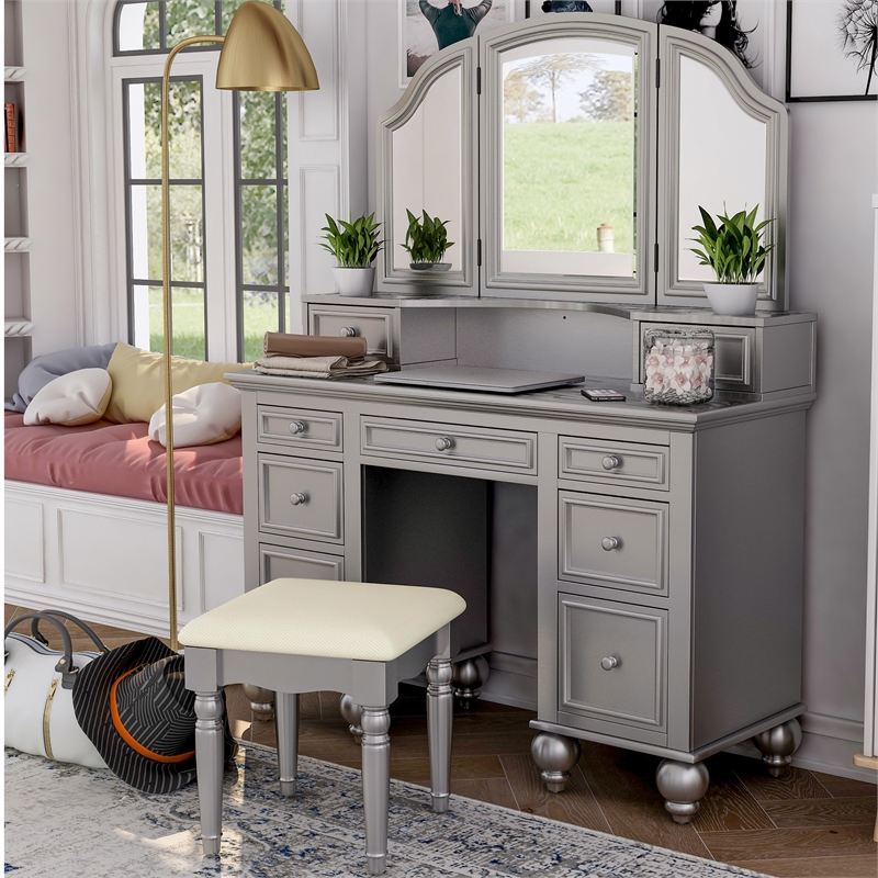 Furniture of America Tamarah Wood 3-Piece Bedroom Vanity Set in Silver