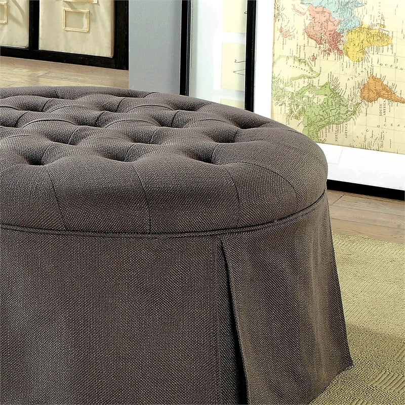 Furniture of America Amalie Transitional Fabric Round Storage Ottoman in Gray