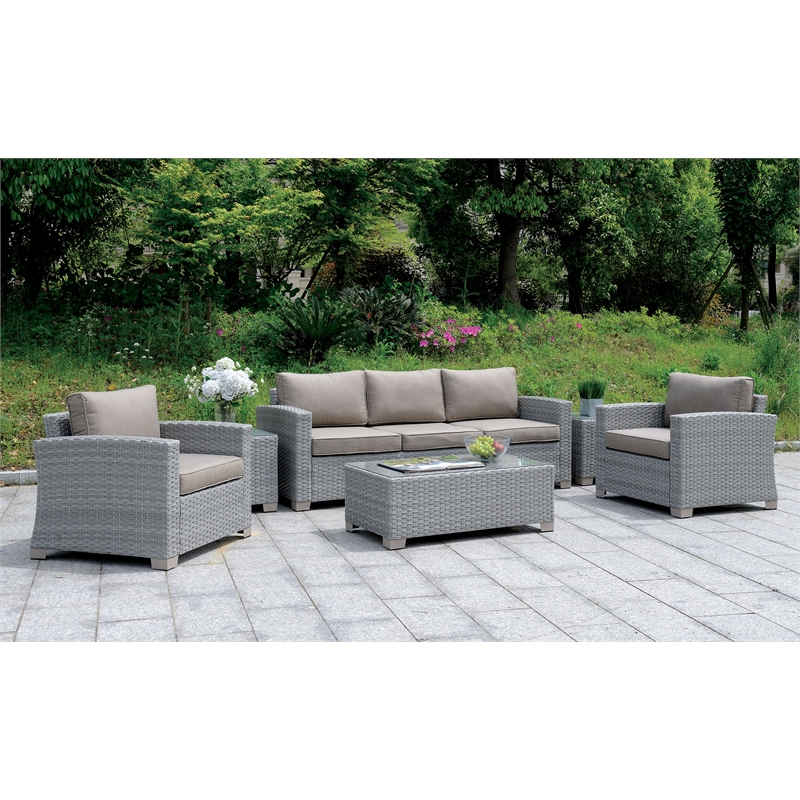 Furniture of America Condor Rattan Glass Top Patio Coffee Table in Gray