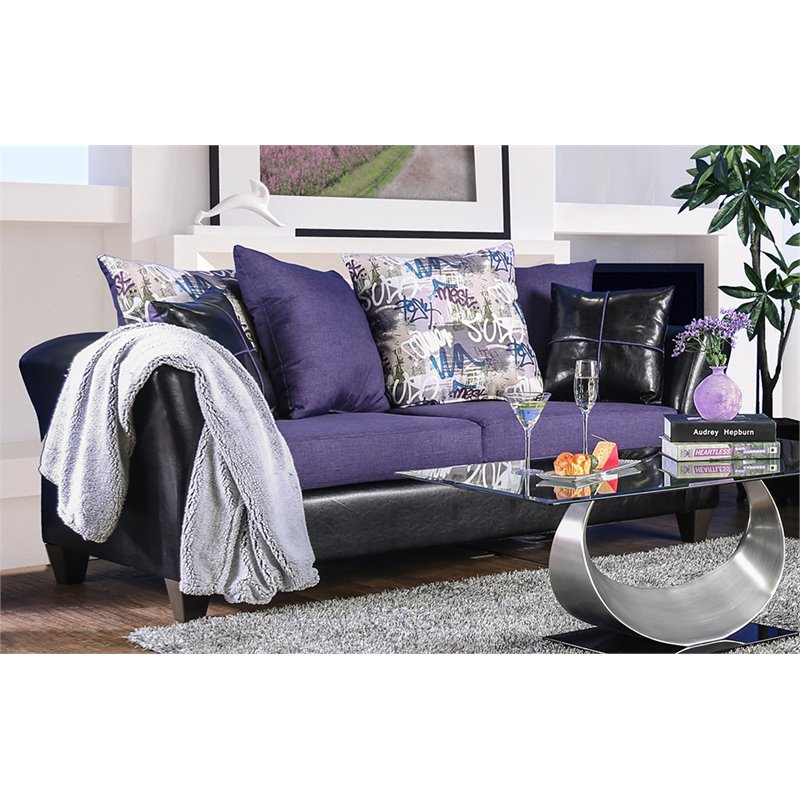 Furniture Of America Jazzy Faux Leather Sofa In Purple And Black Furniture Of America Jazzy Faux Leather Sofa In Purple And Black