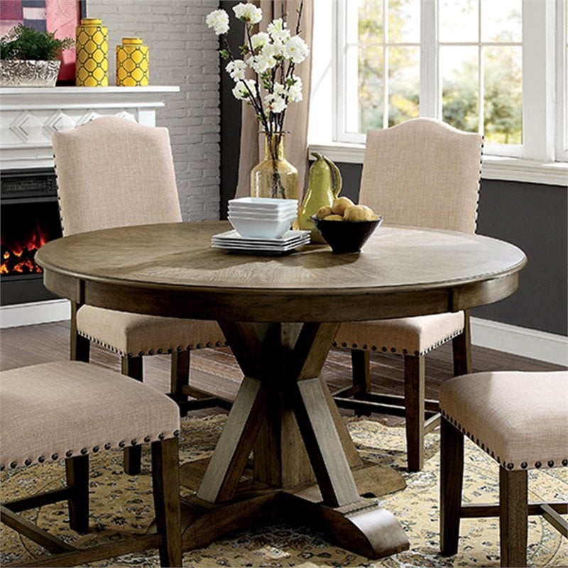 Furniture of America Kora Rustic Round Trestle Wood Dining Table in