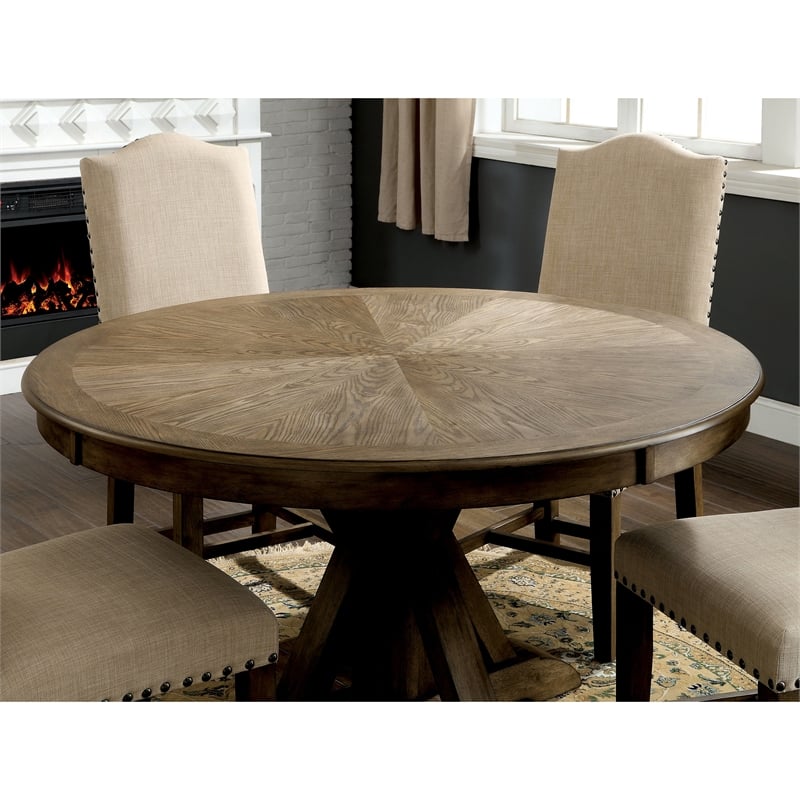 Furniture of America Kora Rustic Round Trestle Wood Dining Table in Light Oak