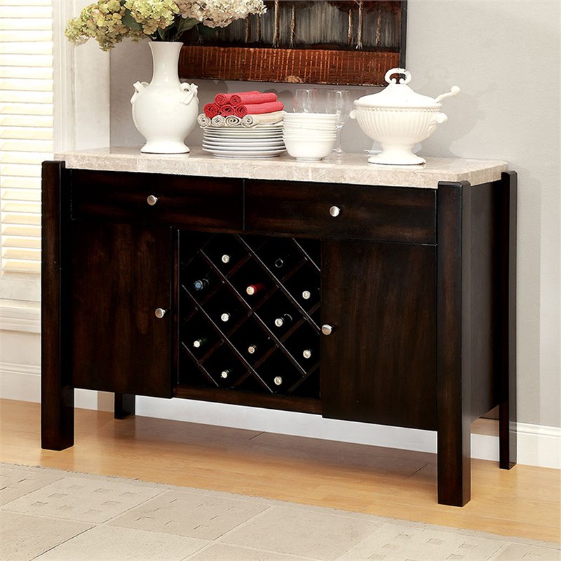 Furniture of America Ramsy Marble Top Wine Rack Buffet in Dark Walnut