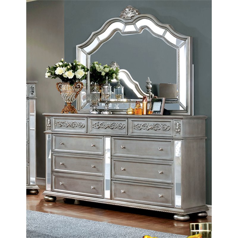 America Viktoria Wood 9 Drawer Dresser, Metallic Silver Dresser With Mirror