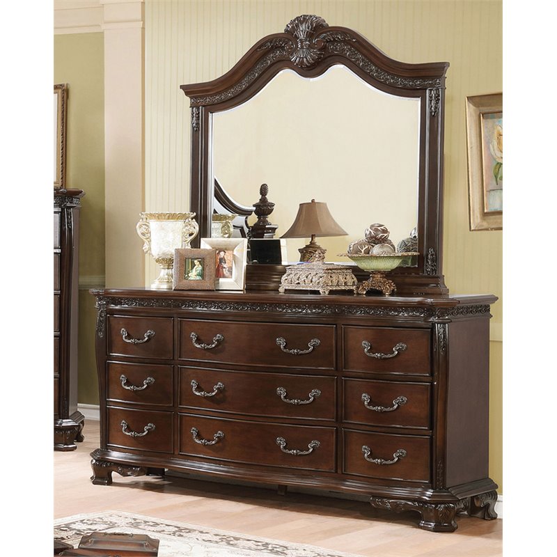 Furniture Of America Ravel 9 Drawer Dresser Mirror Set In Brown Cherry