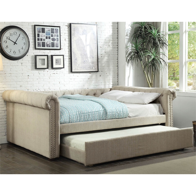 Furniture of America Acnitum Fabric Tufted Queen Daybed with Trundle in Beige
