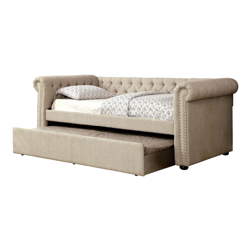Furniture of America Acnitum Fabric Tufted Queen Daybed with Trundle in Beige