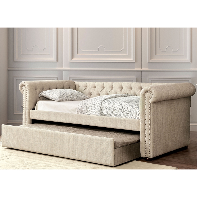 Furniture of America Acnitum Fabric Tufted Queen Daybed with Trundle in Beige