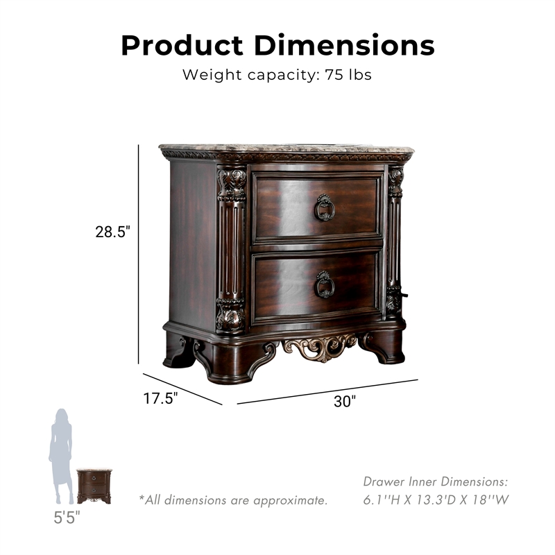 Furniture of America Jordan Wood and Marble Top Nightstand in Brown Cherry