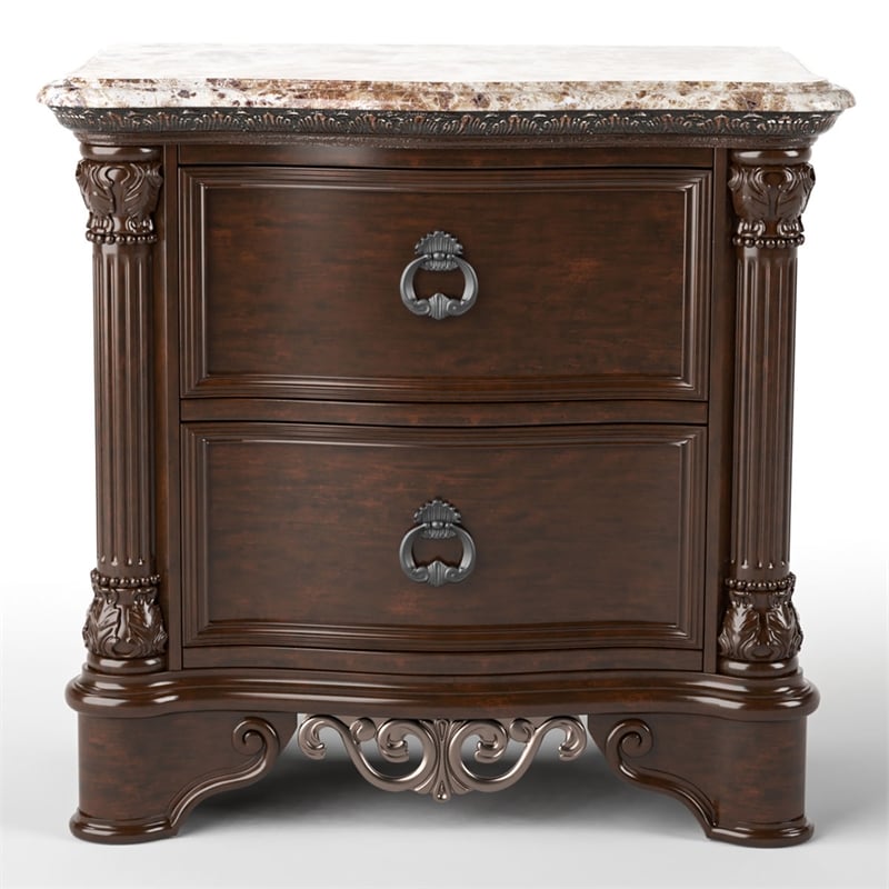 Furniture of America Jordan Wood and Marble Top Nightstand in Brown Cherry