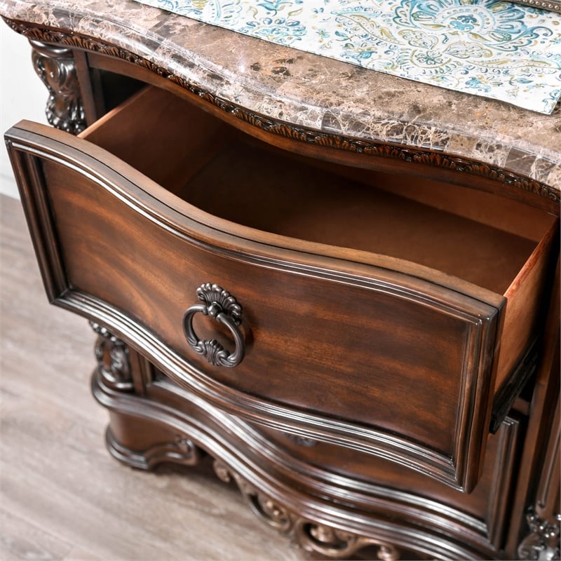 Furniture of America Jordan Wood and Marble Top Nightstand in Brown Cherry